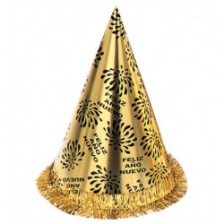 Sombrero cono feliz año nuevo dorado con flecos para nochevieja