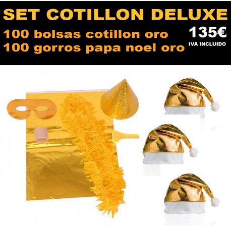 Pack 100 bolsas cotillon oro + 100 gorros papa noel oro