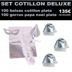 Pack 100 bolsas cotillon plata + 100 gorros papa noel plata